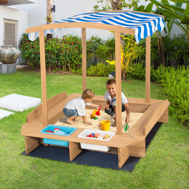 Kids Wooden Sandbox with Striped CanopyCostway Gallery View 2 of 11