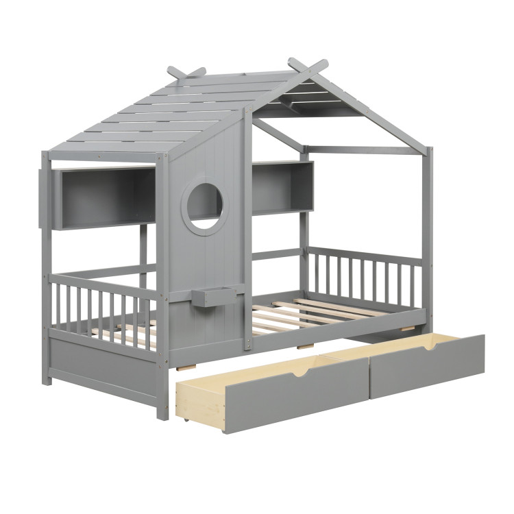 Twin Size House Bed with 2 Storage Drawers and Fence Guardrails - Gallery View 1 of 11