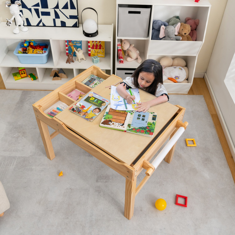 Kids Multi Activity Play Table Wooden Building Block Desk with Storage Paper Roll-NaturalCostway Gallery View 2 of 10