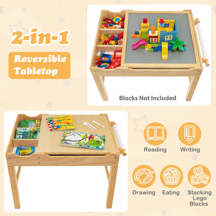 Kids Multi Activity Play Table Wooden Building Block Desk with Storage Paper Roll-NaturalCostway Gallery View 3 of 10