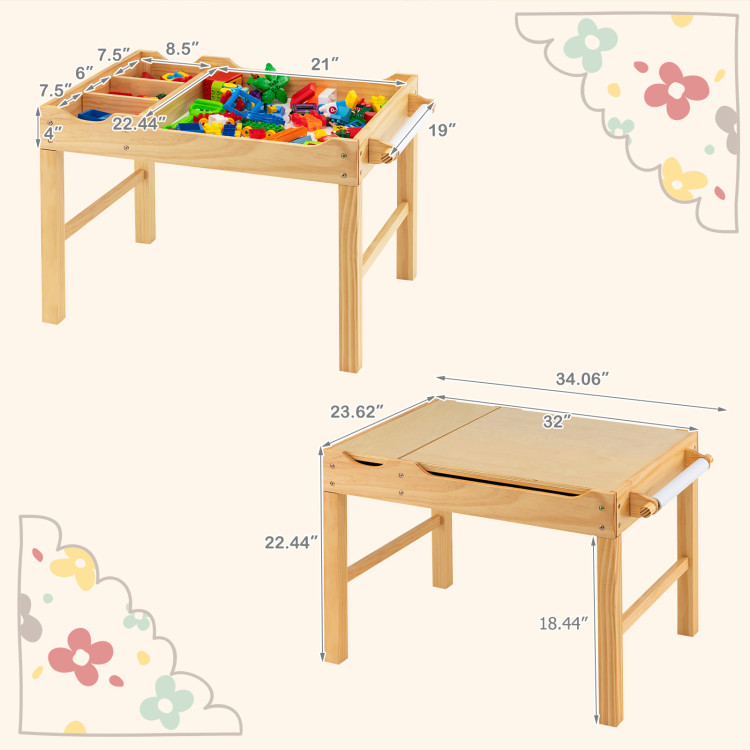 Kids Multi Activity Play Table Wooden Building Block Desk with Storage Paper Roll-NaturalCostway Gallery View 4 of 10