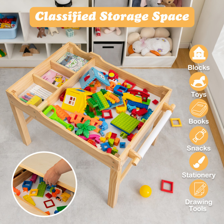 Kids Multi Activity Play Table Wooden Building Block Desk with Storage Paper Roll-NaturalCostway Gallery View 5 of 10
