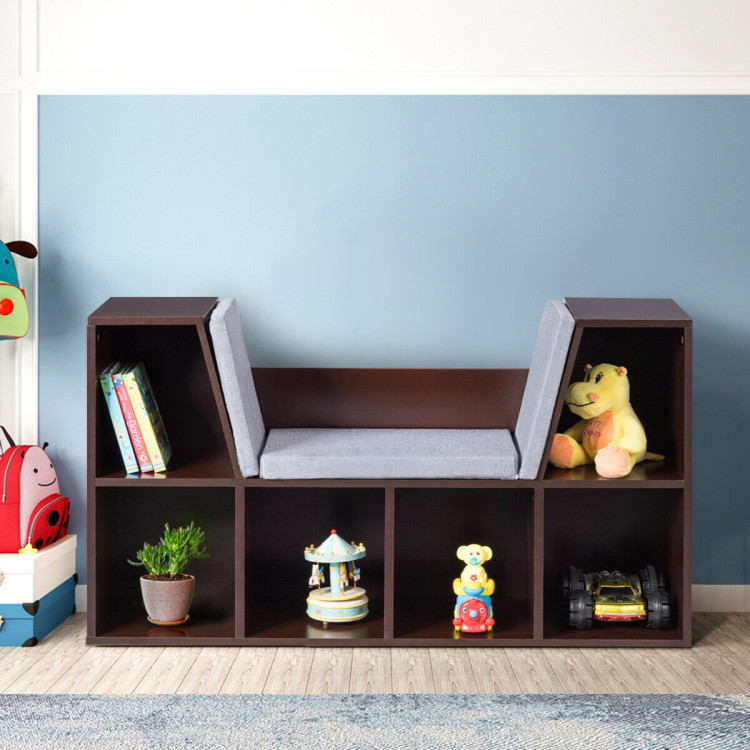 6-Cubby Kid Storage Bookcase Cushioned Reading Nook-BrownCostway Gallery View 7 of 13
