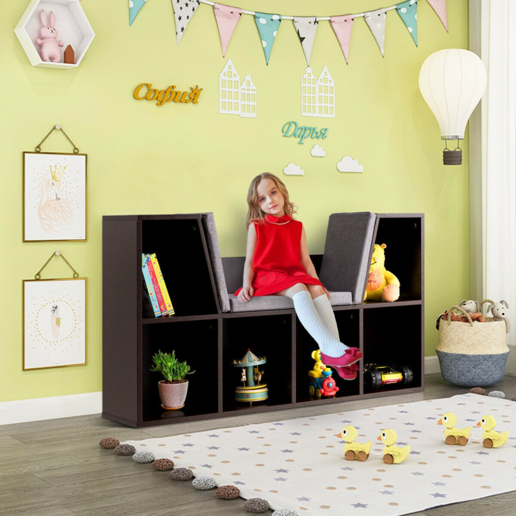 6-Cubby Kid Storage Bookcase Cushioned Reading Nook-BrownCostway Gallery View 2 of 13