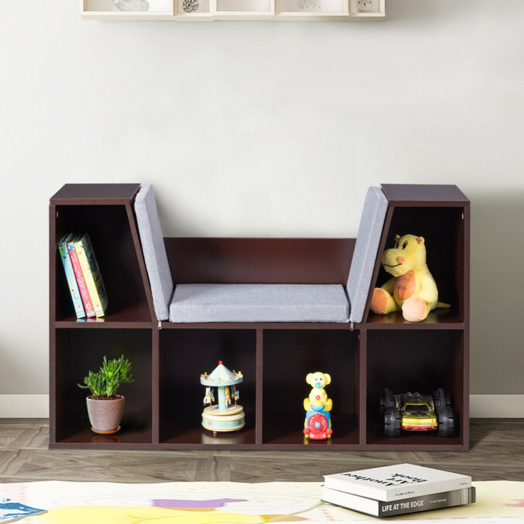 6-Cubby Kid Storage Bookcase Cushioned Reading Nook-BrownCostway Gallery View 8 of 13