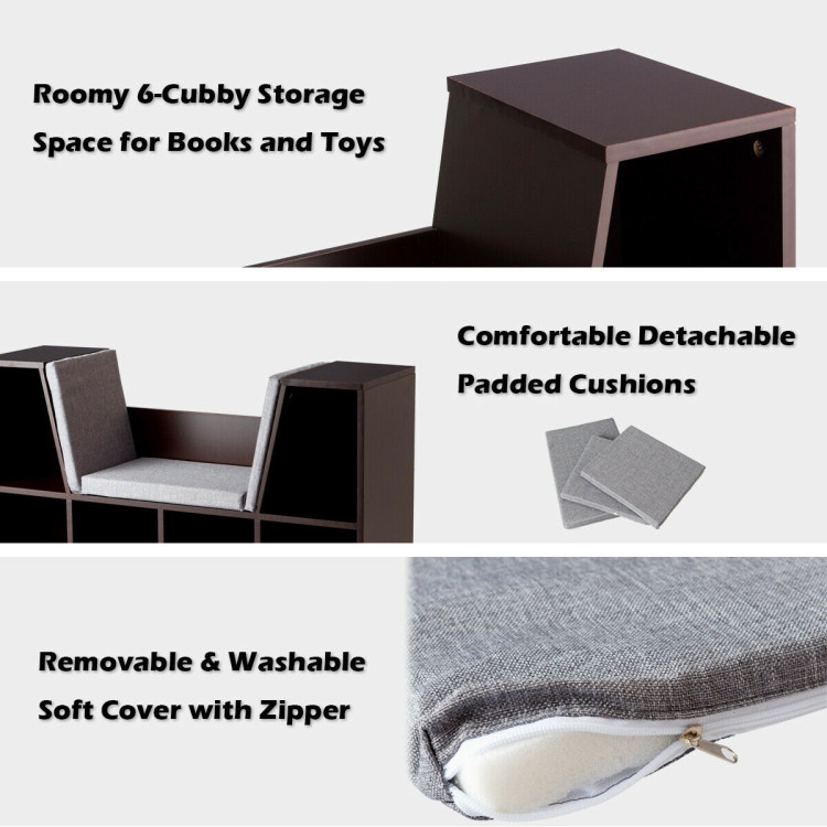 6-Cubby Kid Storage Bookcase Cushioned Reading Nook-BrownCostway Gallery View 13 of 13