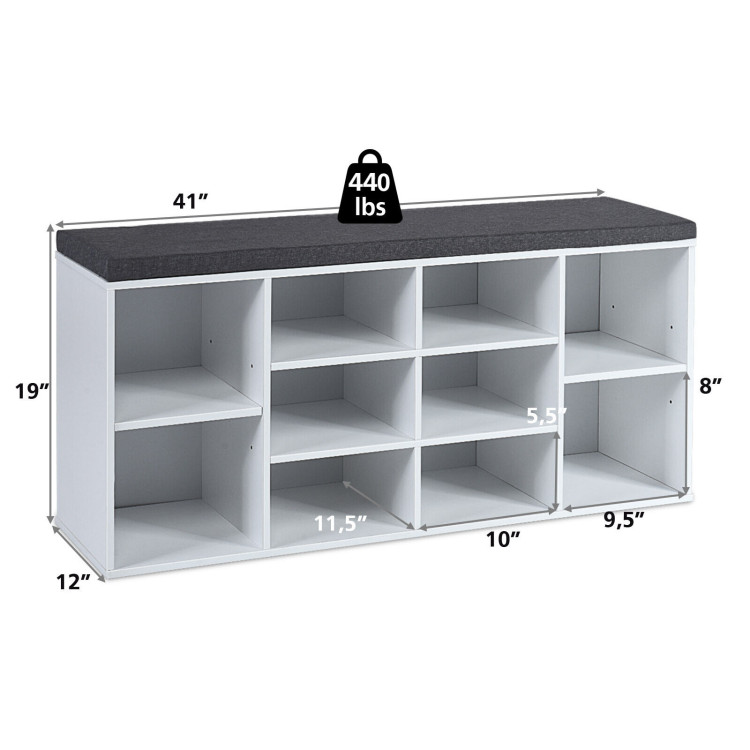 10-Cube Organizer Shoe Storage Bench with Cushion for Entryway-WhiteCostway Gallery View 5 of 13