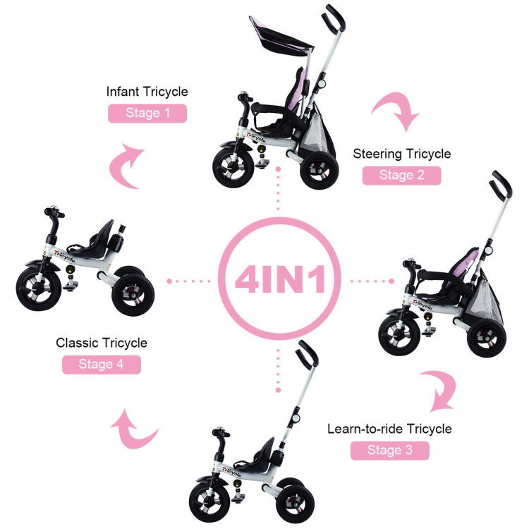 4-in-1 Detachable Learning Baby Tricycle Stroller w/ Canopy Bag-PinkCostway Gallery View 7 of 17