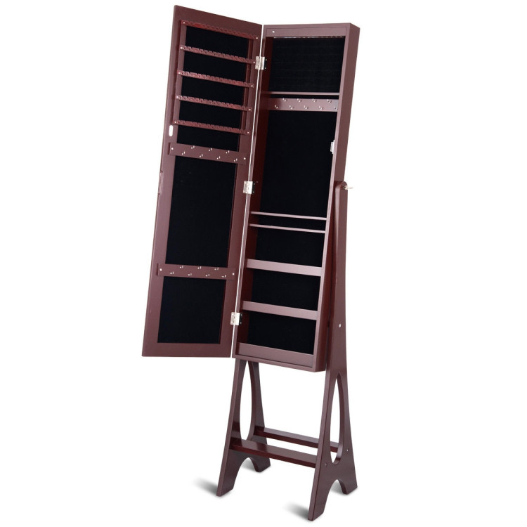 LED Jewelry Cabinet Armoire Organizer with Bevel Edge Mirror-BrownCostway Gallery View 4 of 12