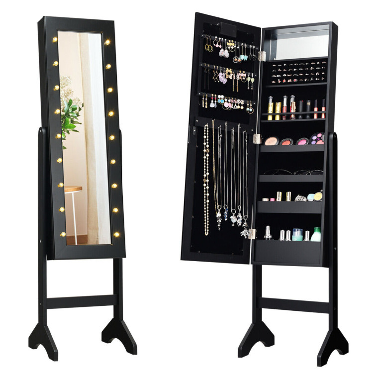Mirrored Jewelry Cabinet Armoire Organizer w/ LED lights-BlackCostway Gallery View 3 of 11