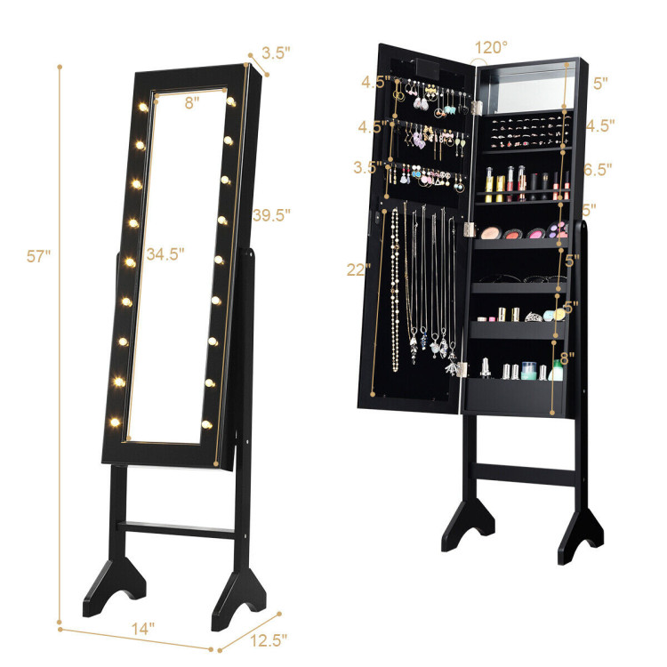 Mirrored Jewelry Cabinet Armoire Organizer w/ LED lights-BlackCostway Gallery View 5 of 11