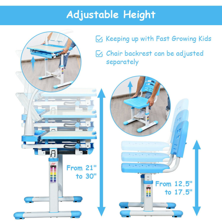 Adjustable Kids Desk Chair Set with Lamp and Bookstand-BlueCostway Gallery View 9 of 10