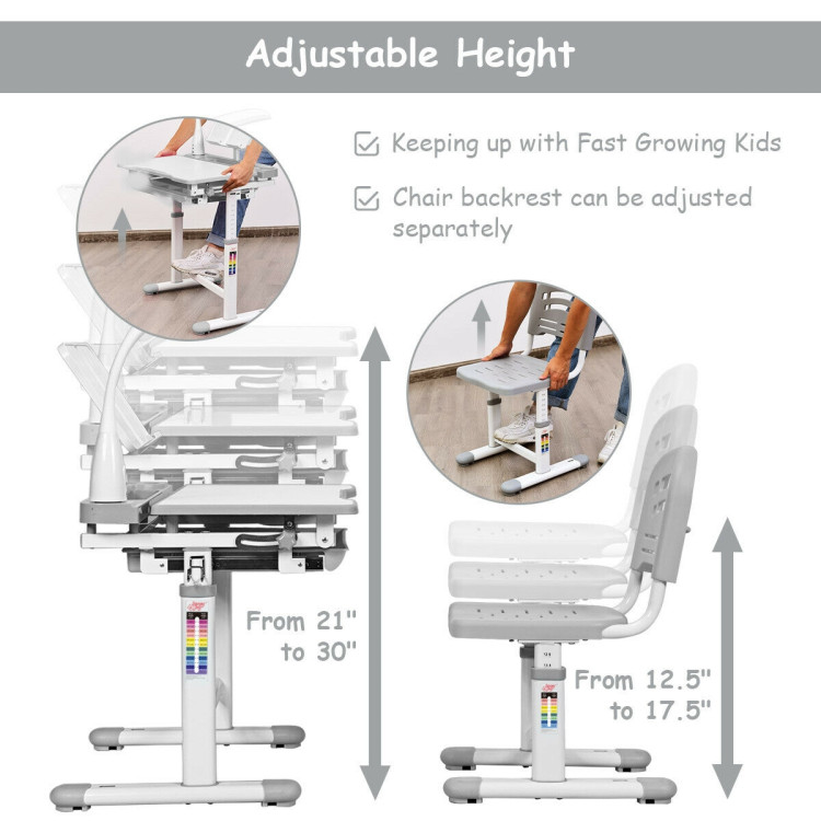 Adjustable Kids Desk Chair Set with Lamp and Bookstand-GrayCostway Gallery View 7 of 11