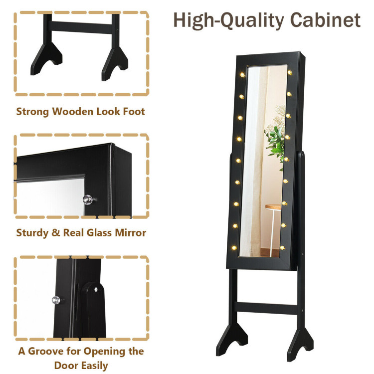 Mirrored Jewelry Cabinet Armoire Organizer w/ LED lights-BlackCostway Gallery View 7 of 11