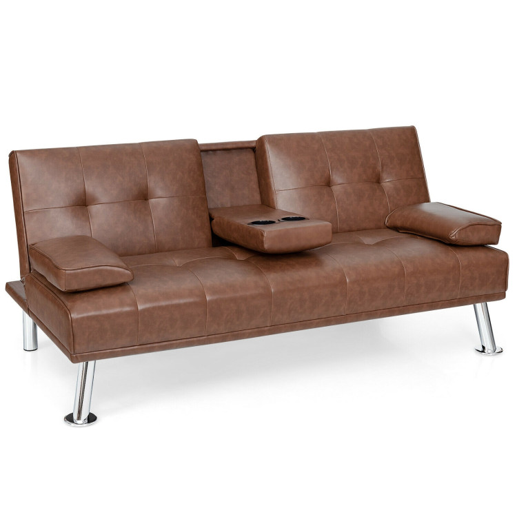 Convertible Folding Leather Futon Sofa, Real Leather Futon