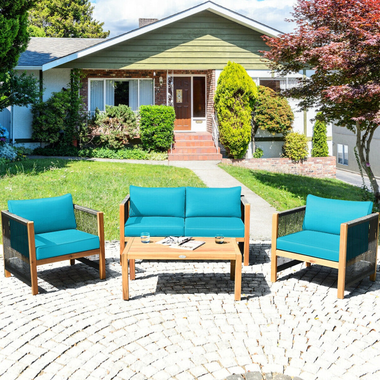 4 Pieces Acacia Wood Sofa Set With, Antonia Modern Outdoor Wood Patio Chair With Cushions Set Of 4