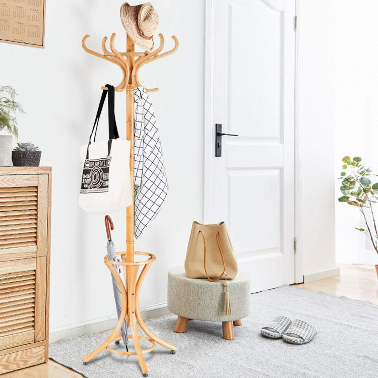 Wood Standing Hat Coat Rack With, Wooden Coat Stand With Umbrella Holder