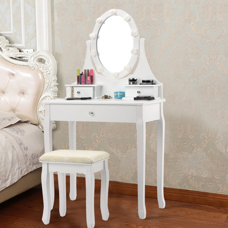 3 Drawers Lighted Mirror Vanity, Vanity Set With Lighted Mirror And Stool