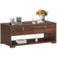 Wood Cocktail Coffee Table with 2 Drawers and Open Storage Shelf