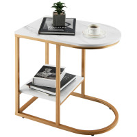 C-shaped Side Table with Faux Marble Tabletop and Golden Steel Frame