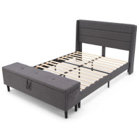 Full Upholstered Platform Bed Frame with Storage Ottoman Slats Support.