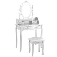 Wood Vanity Table Set with Oval Mirror and 4 Drawers for Kids Girls Women