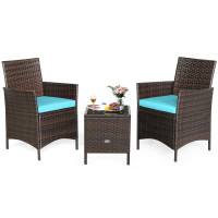 3 Pcs Patio Rattan Furniture Set Cushioned Sofa and Glass Tabletop Deck