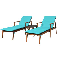 3 Pieces Protable Patio Cushioned Rattan Lounge Chair Set with Folding Table