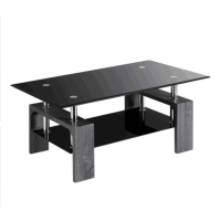 Rectangle Glass Coffee Table with Black Top and Metal Legs for Livingroom