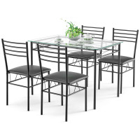 5 Pieces Dining Set Tempered Glass Top Table and 4 Upholstered Chairs