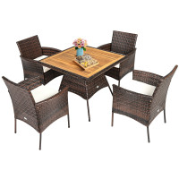 5PCS Patio Rattan Dining Furniture Set with Arm Chair and Wooden Table Top