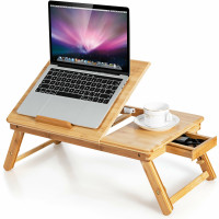 Bamboo Laptop Lap Tray with Adjustable Legs and Tilting Heat-dissipation Top