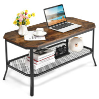 2-Tier Industrial Coffee Table Central Table with Metal Mesh Shelf for Living Room