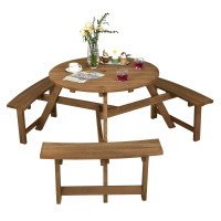 6-person Round Wooden Picnic Table with Umbrella Hole and 3 Built-in Benches
