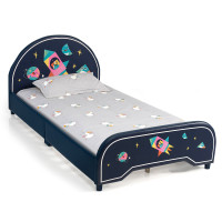 Kids Twin Size Upholstered Platform Bed with Rocket Pattern