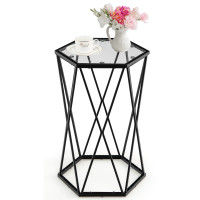 End Table Tempered Glass Top Metal Frame Hexagonal Accent Side Table Living Room
