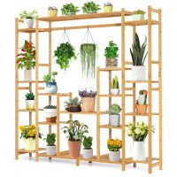 9-Tier Bamboo Potted Plant Stand with Hanging Rack