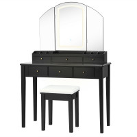 Vanity Table Stool Set with Large Tri-folding Lighted Mirror