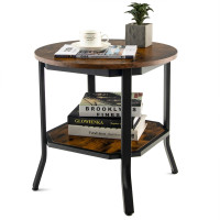 2-Tier Sofa End Side Table Nightstand Round Tabletop for Living Room