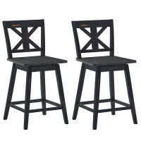 Set of 2 Swivel Counter Height Bar Stools with Solid Wood Legs