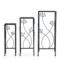 3 Pieces Metal Plant Stand Set with Crystal Floral Accents Square