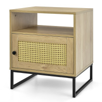Wooden Side End Table with Cabinet and Rattan Decorated Door