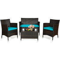 4 Pieces Rattan Sofa Set with Glass Table and Comfortable Wicker for Outdoor Patio