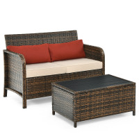 2Pcs Cushioned Patio Rattan Furniture Set