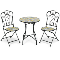 3 Pieces Patio Bistro Mosaic Design Set with Folding Chairs and Round Table