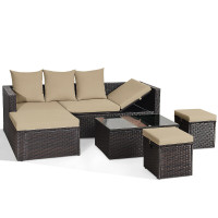 5-Piece Rattan Patio Furniture Set Adjustable Sofa Cushioned Ottoman