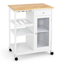 Rolling Kitchen Island Wood Top Trolley Cart Storage Cabinet with Shelf and Wine Rack