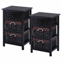 3 Tier Set of 2 Wood Nightstand with 1 Drawer and 2 Basket