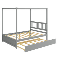 Full Size Canopy Bed with Trundle Wooden Platform Bed Frame Headboard