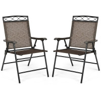 Set of 2 Patio Folding Chairs Sling Portable Dining Chair Set with Armrest